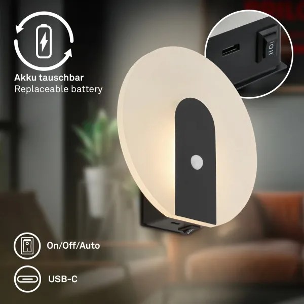 Briloner 3889015 - Lampada da parete LED ricaricabile con sensore TARO LED/2,5W/5V 1800 mAh nera