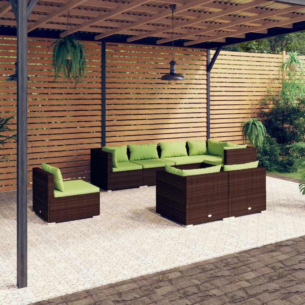 Set Divani da Giardino 8 pz con Cuscini in Polyrattan Marrone