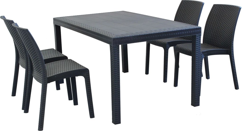 CALIGOLA - set tavolo in resina effetto rattan cm 150 x 90 x 74 h con 4 sedie Alma