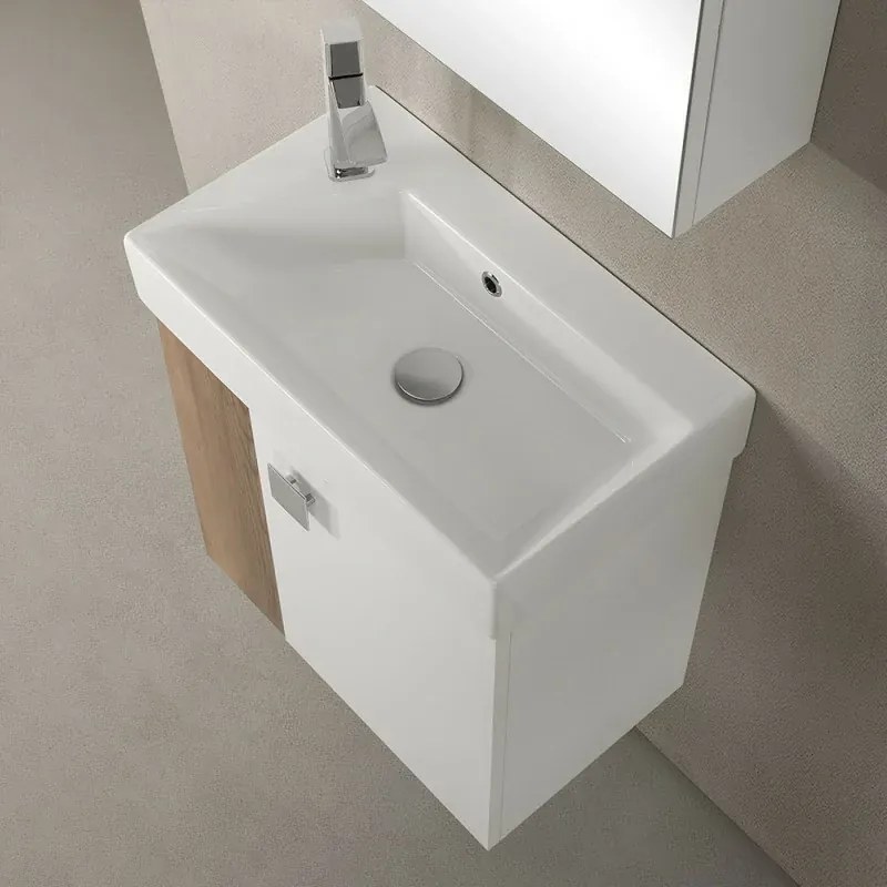 Mobile bagno sospeso salvaspazio 55 cm bianco e noce canaletto con specchio Strada