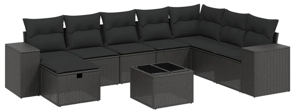 Set divani da giardino 9 pz con cuscini nero in polyrattan