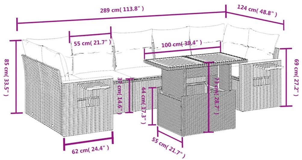 Set divano da giardino 8 pz con cuscini grigio in polyrattan