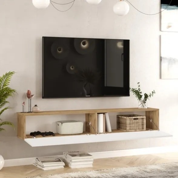 Mobile Tv Sospeso 180x32x30 Effetto Legno Rovere e Bianco Future