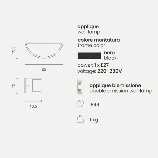 Applique per esterni FABIUS 25x13 cm a doppia emissione in alluminio Nero