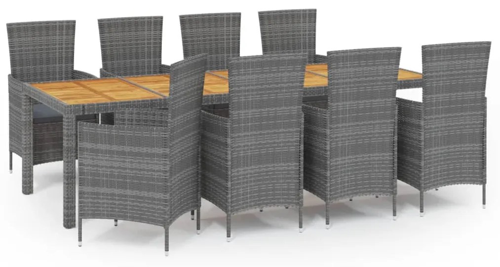 Set da pranzo da esterno 9 pz con cuscini in polyrattan grigio