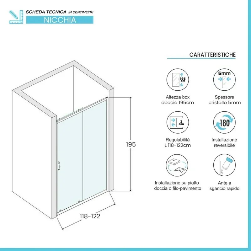 Porta doccia nicchia 120 cm nero opaco con vetro scorrevole Tay