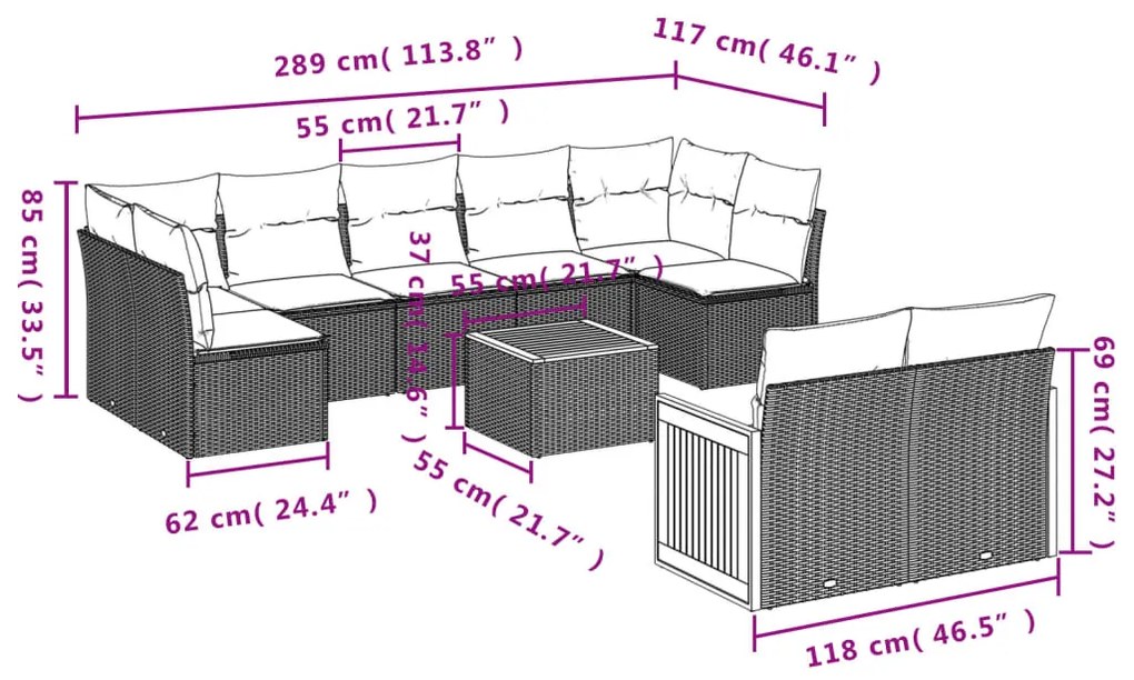 Set divani da giardino 10pz con cuscini in polyrattan nero