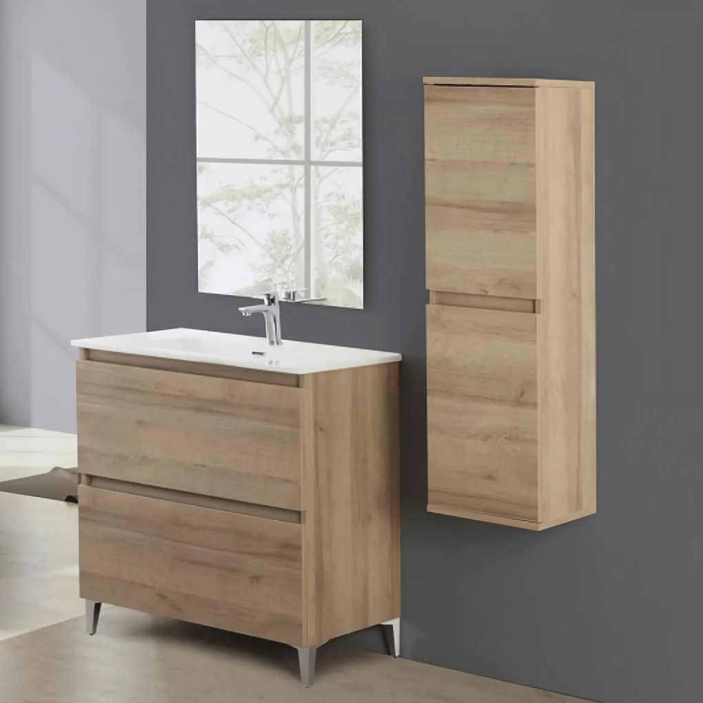 Mobile Bagno a Terra 80 Cm Due Cassetti Specchio a Filo 80x60 Cm Feridras "Revital" Rovere Di Bordeaux