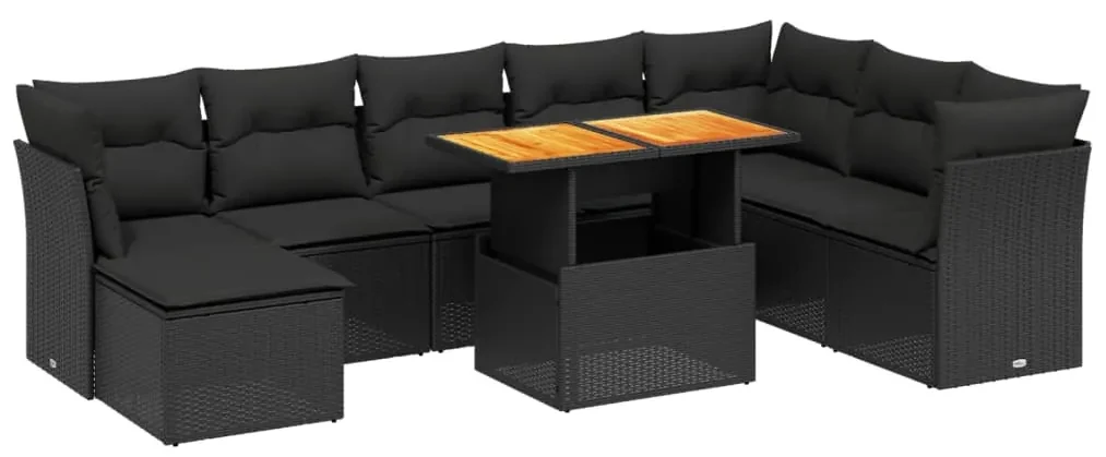 Set divani da giardino 9 pz con cuscini nero in polyrattan