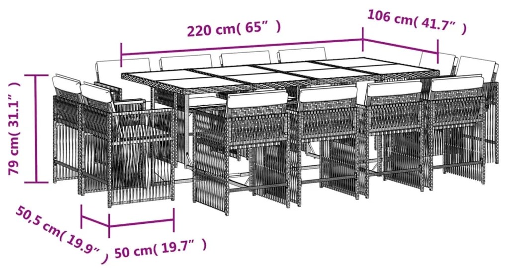 Set da pranzo da giardino 13pz con cuscini grigio in polyrattan