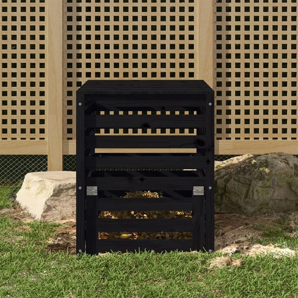 Compostiera Nera 63,5x63,5x77,5 Cm İn Legno Massello Di Pino /