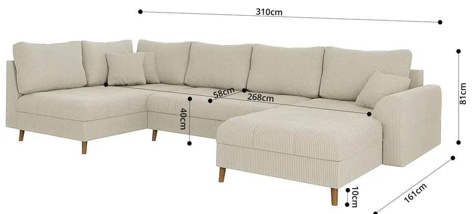 Divano angolare in velluto a coste color crema (angolo destro/U) Ariella - Ropez