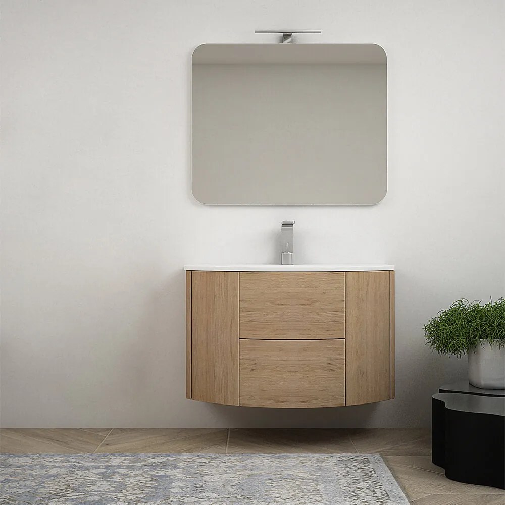 Mobile bagno sospeso Rovere tabacco 90 cm tondo con specchio filo lucido