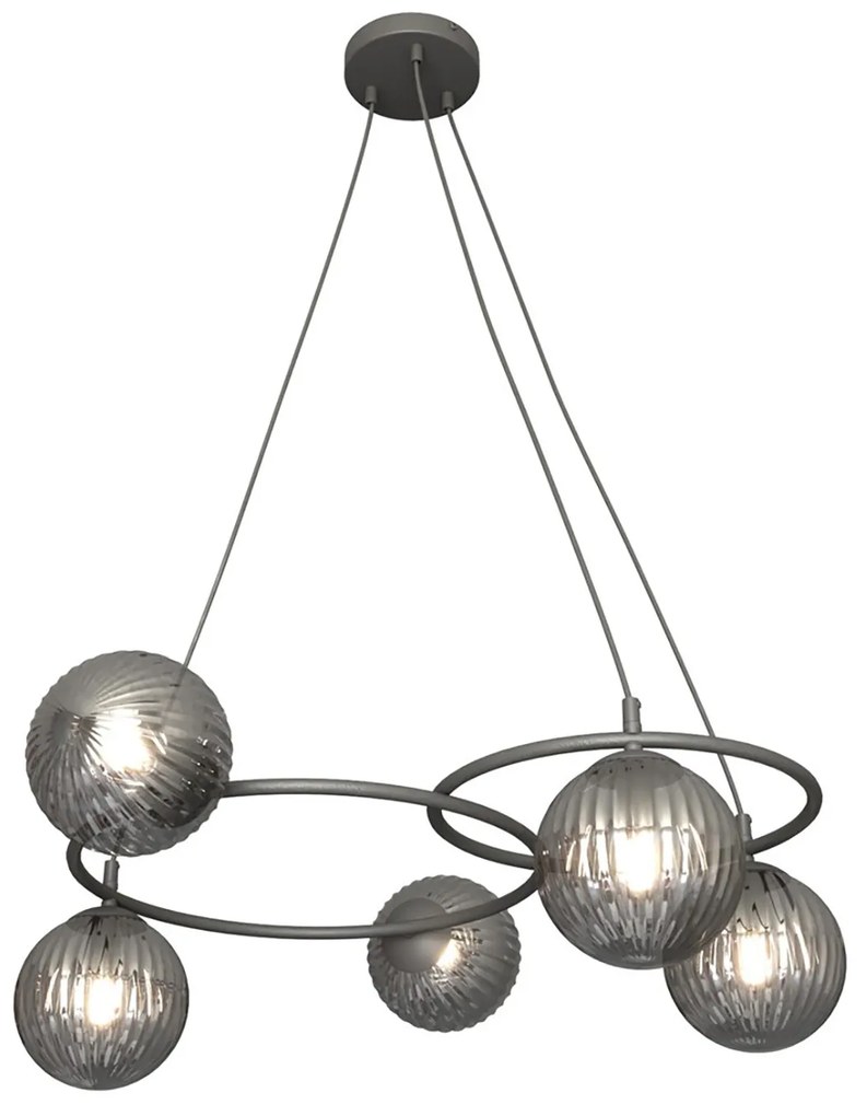 Lampadario 5 Luci Eolo A Cerchi E Diffusori In Vetro Rigato Fumè