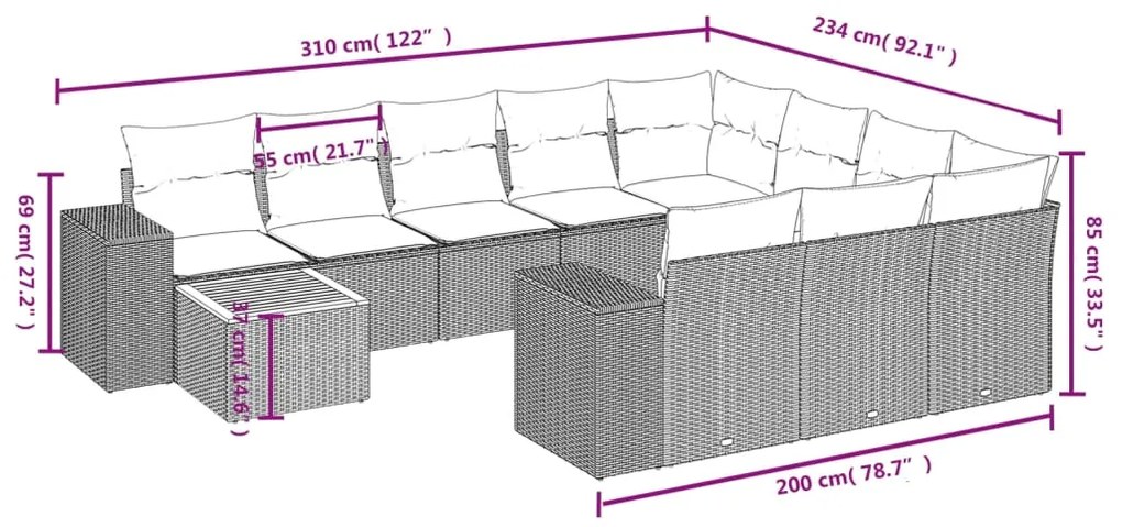 Set Divani da Giardino 11 pz con Cuscini in Polyrattan Grigio