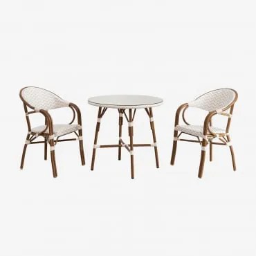 Set Tavolo Rotondo (ø80 Cm) E 2 Sedie Da Giardino Impilabili Con Braccioli In Alluminio Brielle Bistro Gardenia Bianco - Nude Beige - Sklum