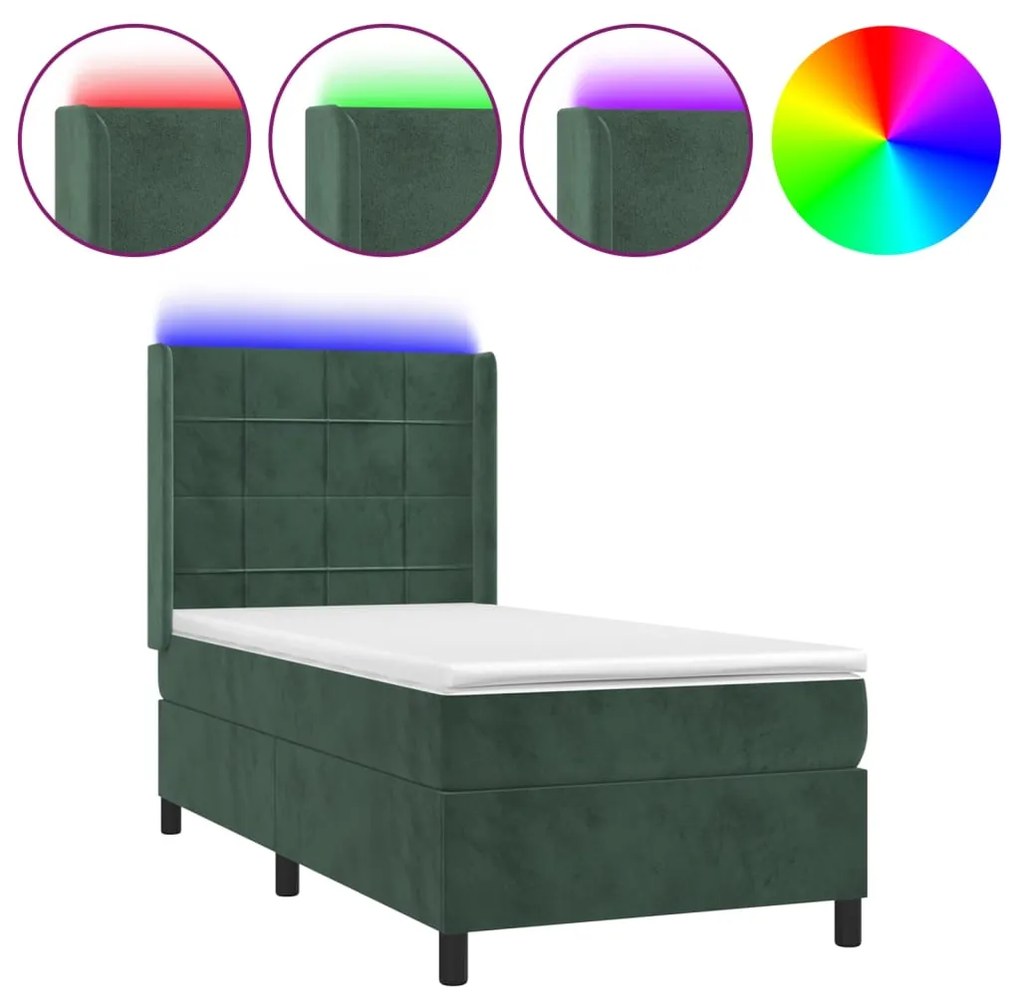 Letto a molle con materasso e led verde scuro 100x200cm velluto