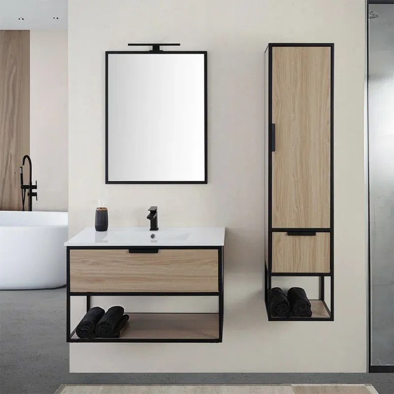 Mobile bagno sospeso 80 cm industrial nero e legno con pensile Baketo