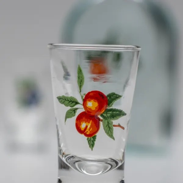 Set 1x bottiglia di vetro e 2x bicchiere per shot limpido con motivo di albicocca