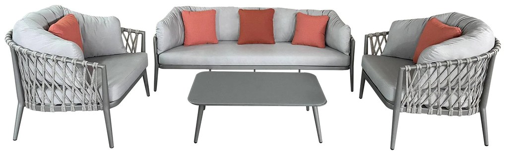 BACHATA - salotto con struttura in alluminio verniciato taupe o bianca, rivestimento in corda in pvc