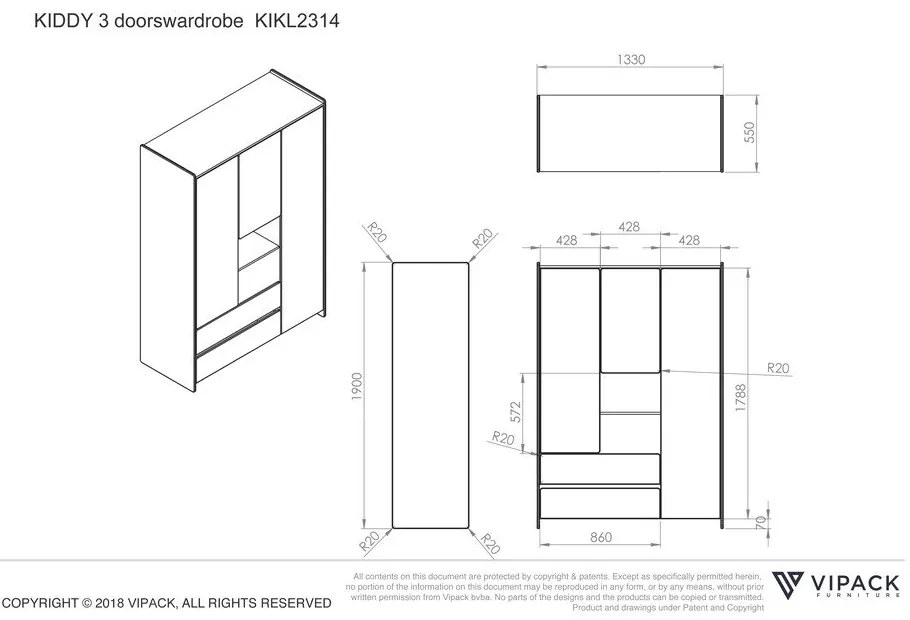 Armadio per bambini bianco , 137,8 x 190 cm Kiddy - Vipack