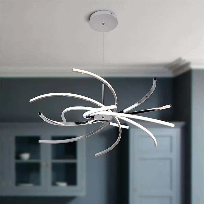 Lampadario LED design Elettra cromo Ø98cm, luce naturale 6400 lumen, NOVECENTO