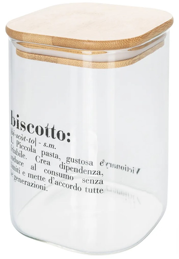 Biscottiera in vetro 1 L con tappo bambù e scritta Victionary