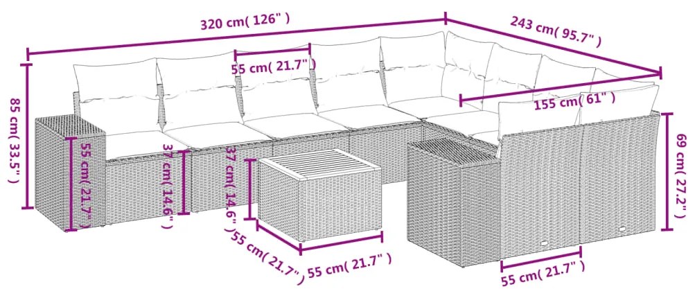 Set divano da giardino 10 pz con cuscini grigio in polyrattan