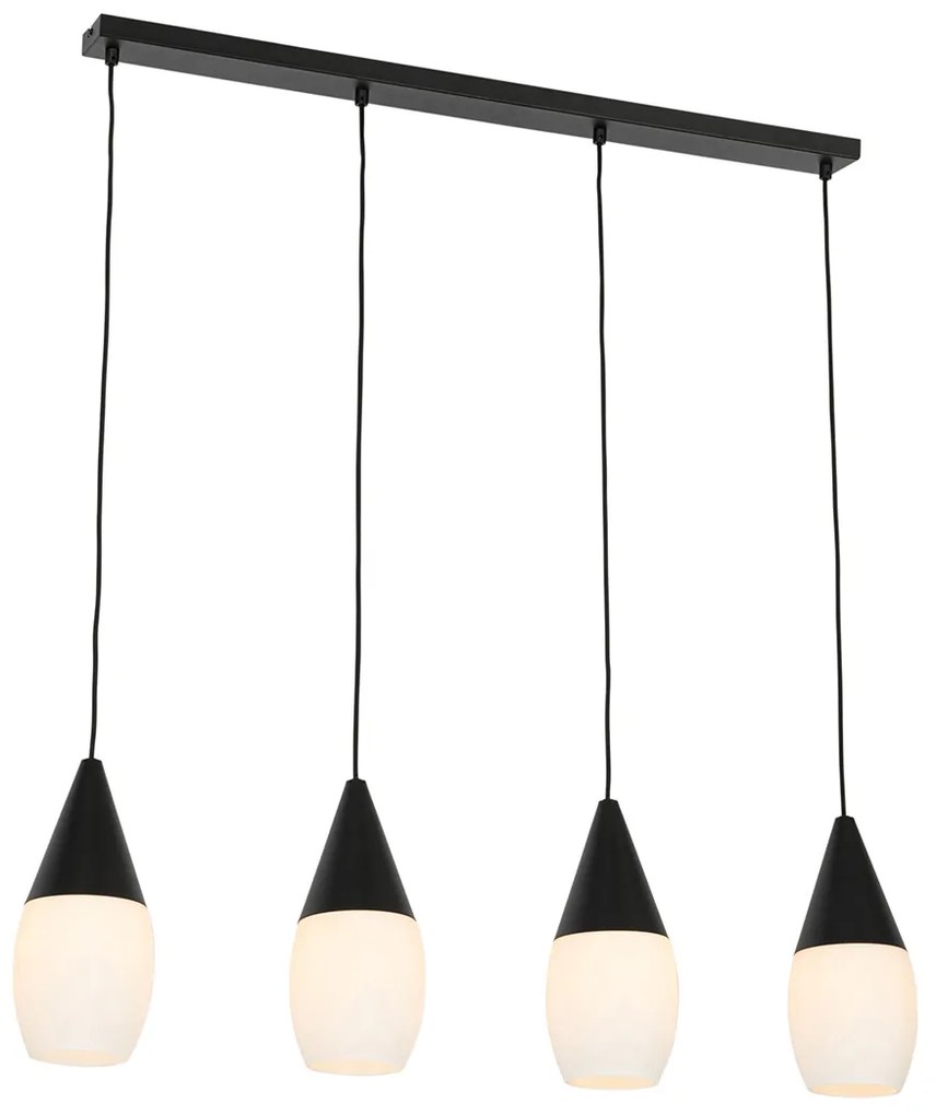 Lampada a sospensione moderna nera con vetro opalino 4 luci - Drop