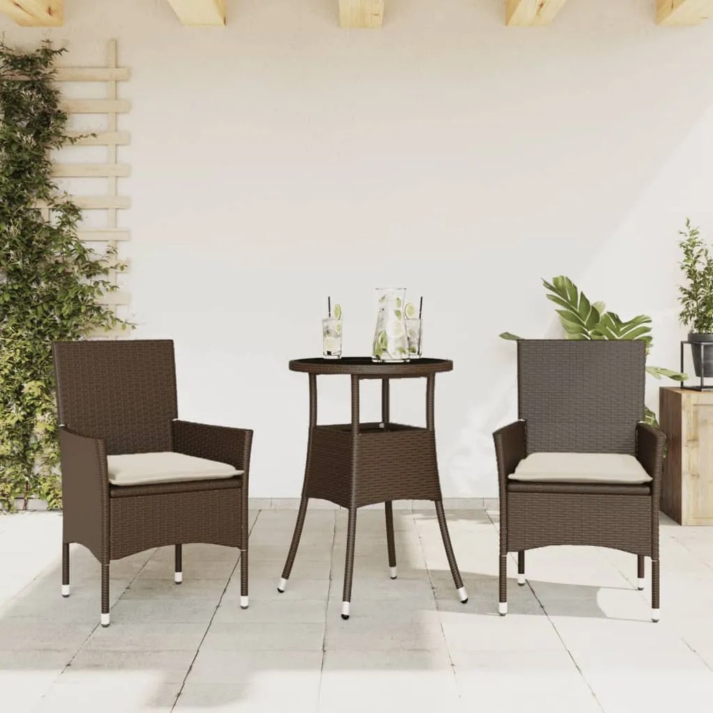 Set Da Pranzo Da Giardino 3pz Con Cuscini Polyrattan E Vetro /