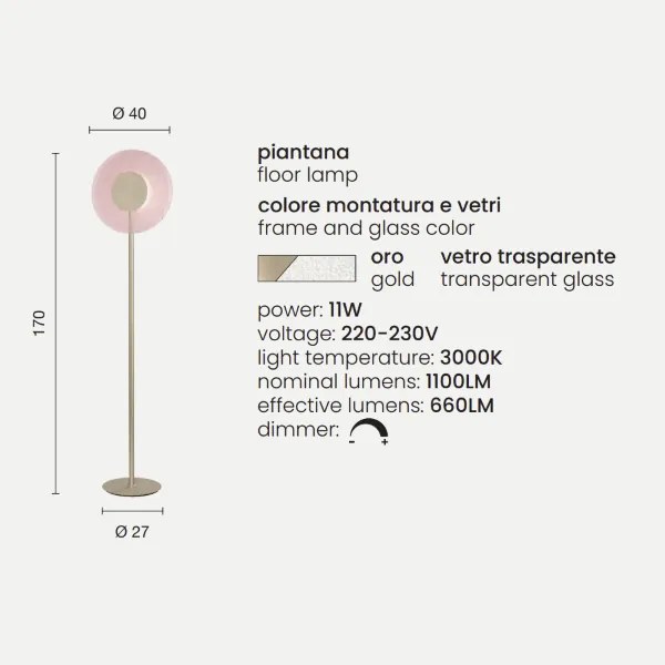 Piantana CANDY a LED in metallo Oro e vetro graniglia Trasparente H170 cm