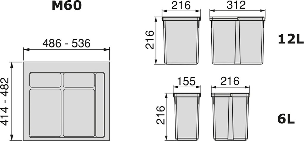 Pattumiera Differenziata 3 Contenitori per Cassettone 60x21,6 cm con Base Emuca Grigio Antracite...