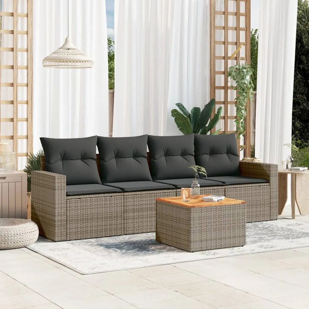 Set Divano da Giardino 5 pz con Cuscini Grigio in Polyrattan