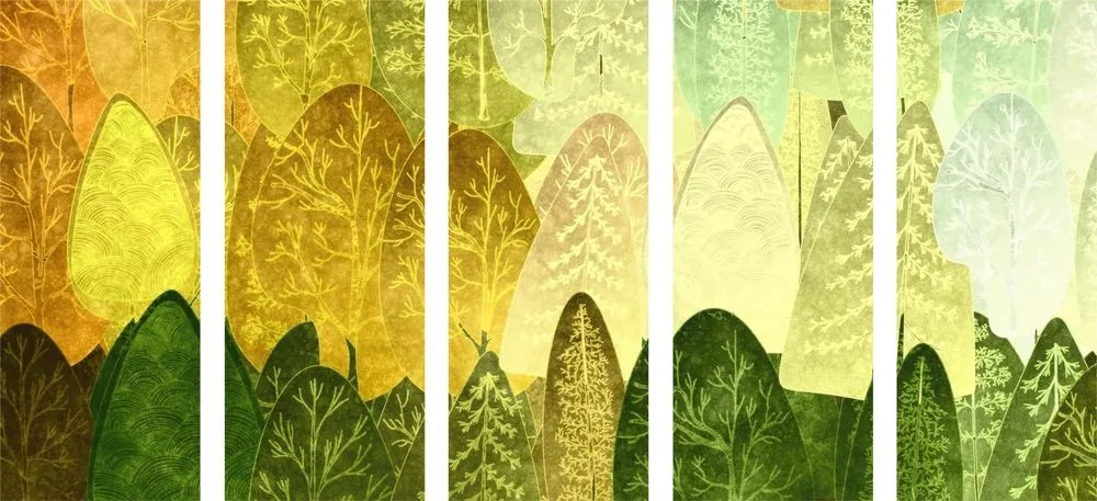 Quadri 5 pezzi – Alberi asimmetrici verdi
