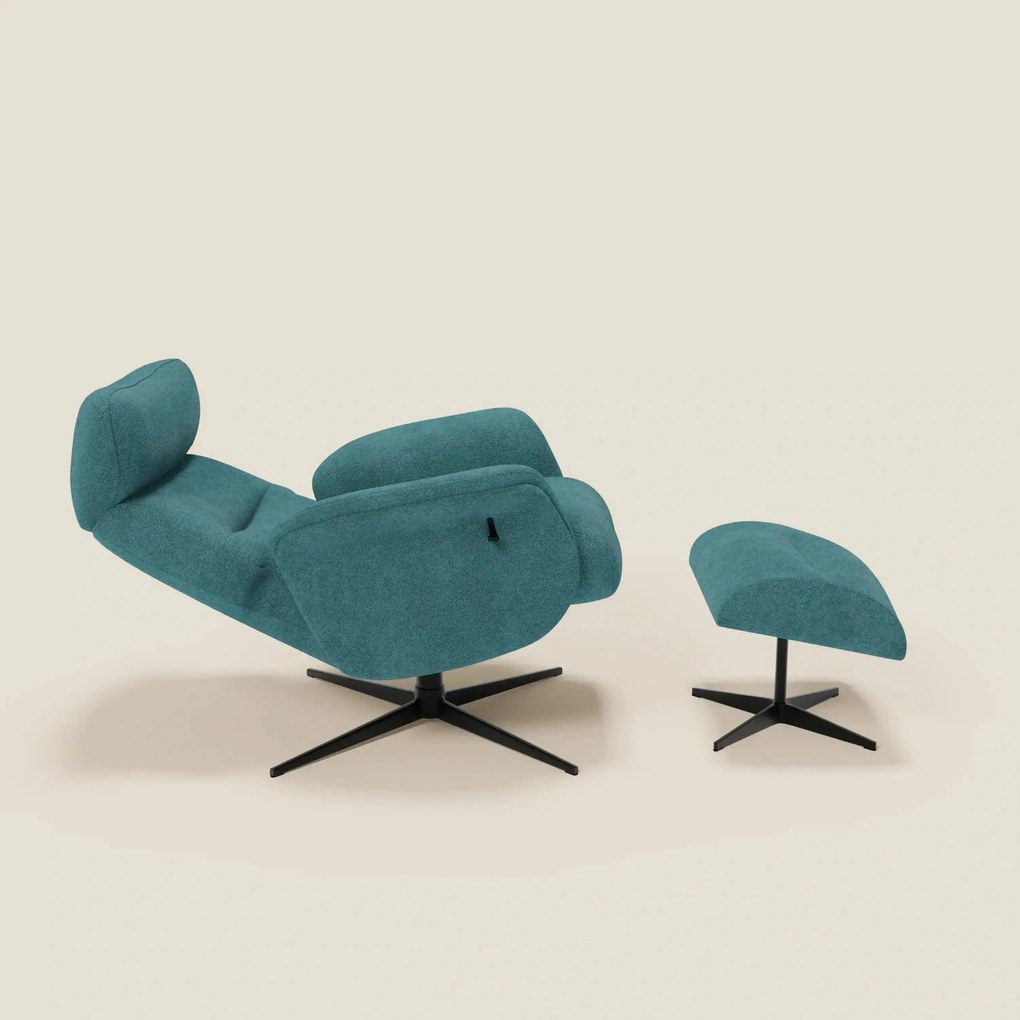 Lunor Poltrona relax reclinabile con pouf poggia-piedi in tessuto bouclé impermeabile T07 azzurro
