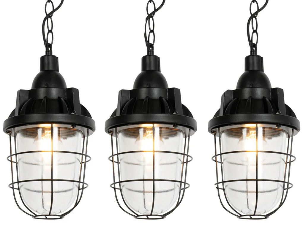 Set di 3 lampade a sospensione industriali nere - Cabin