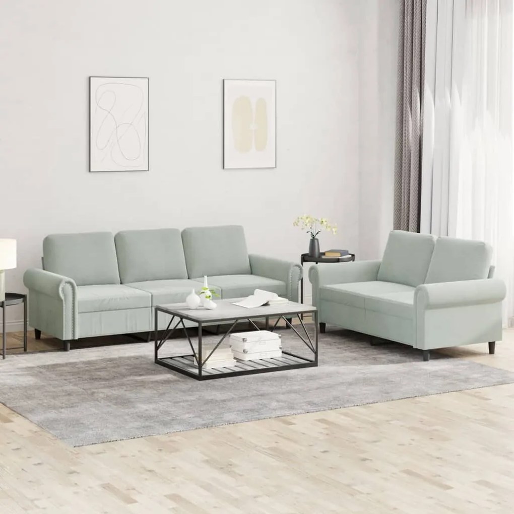 Set Di Divani 2 Pz Con Cuscini Grigio Chiaro İn Velluto /