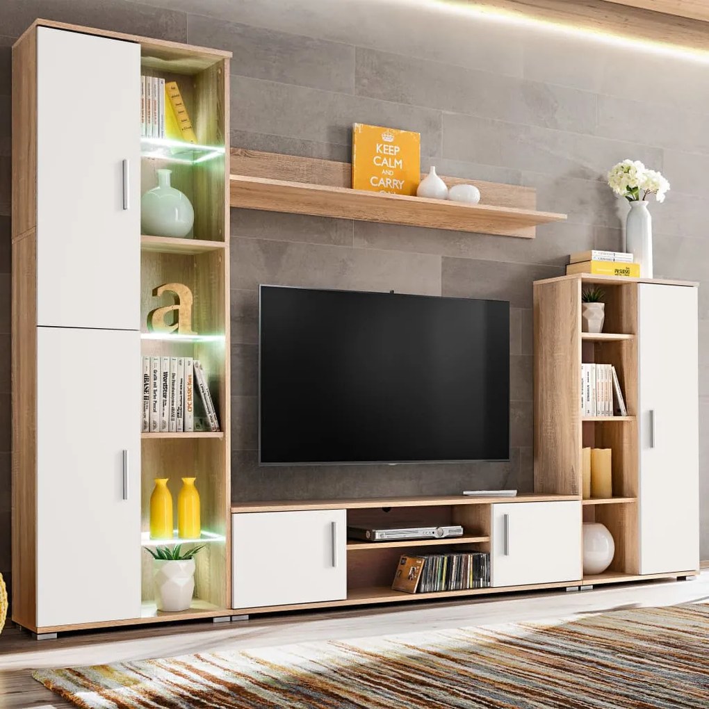 Parete attrezzata porta tv con luci led rovere sonoma e bianco