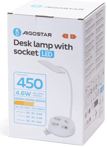 Aigostar - Lampada da tavolo dimmerabile a LED con prese elettriche integrate e porta USB LED/4,6W/230V bianca