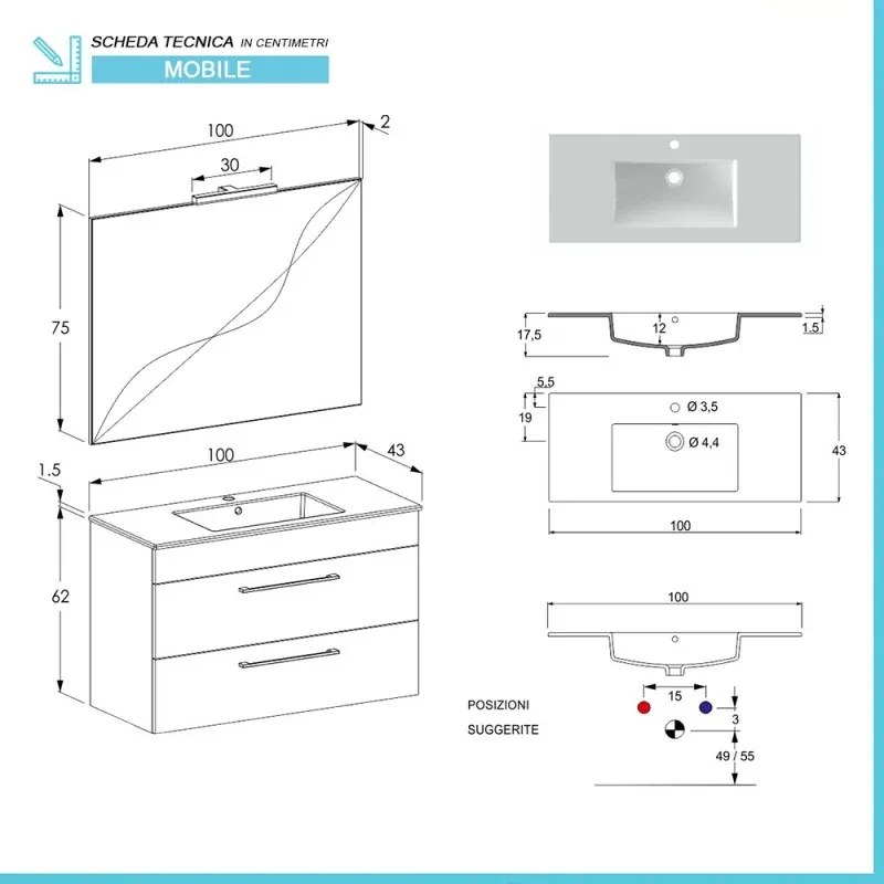 Mobile bagno sospeso 100 cm Smart grigio legno/lava con specchio