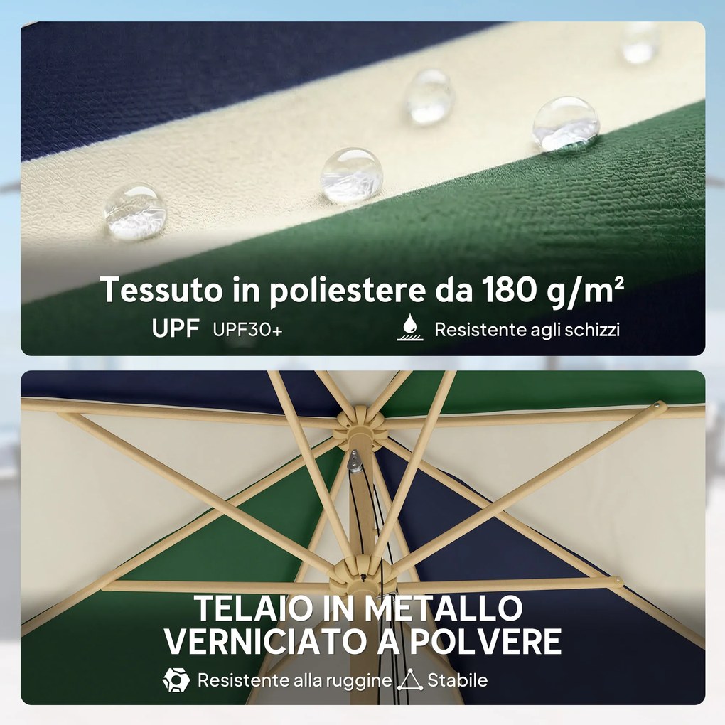 Ombrellone da Giardino Tettuccio a Blocchi di Colore con 8 Stecche UV 30+ con Telaio Effetto Legno Blu Verde e Crema...