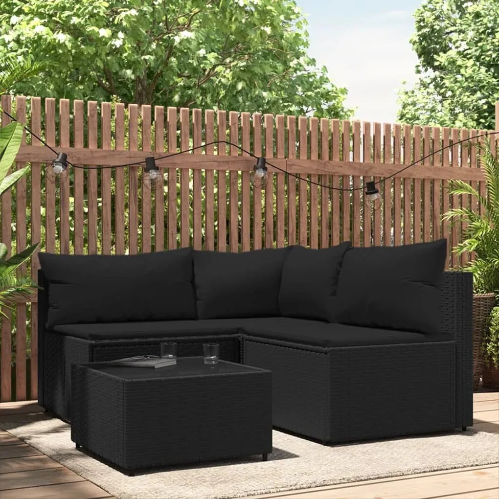 Set divani da giardino 4 pz con cuscini nero in polyrattan