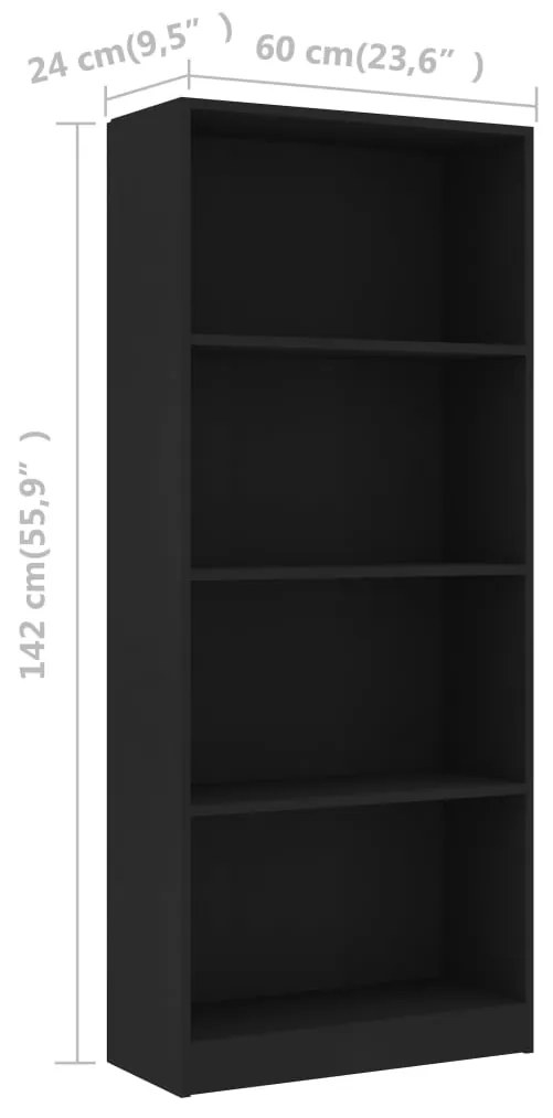 Libreria a 4 Ripiani Nera 60x24x142 cm in Legno Multistrato