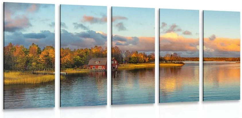 Quadri 5 pezzi – Tramonto sul lago