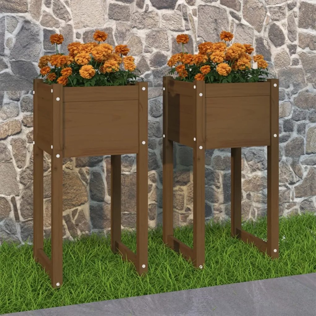Fioriere 2 Pz Marrone Ambra 40x40x81 Cm Legno Massello Di Pino /