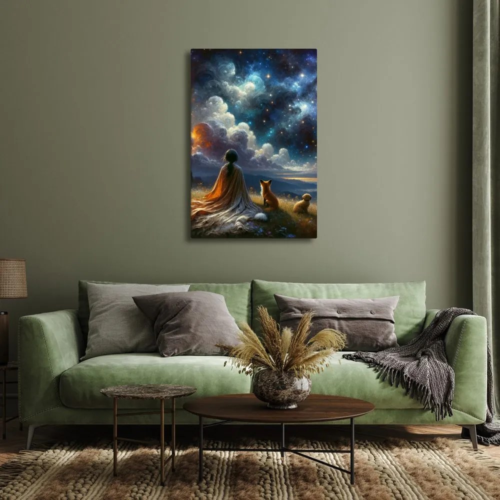 Quadro su tela – Figura con volpe e cane sotto le stelle