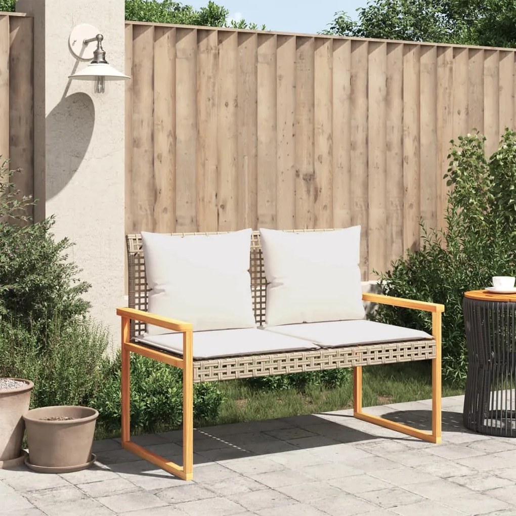 Panca da giardino con cuscino beige misto polyrattan e acacia