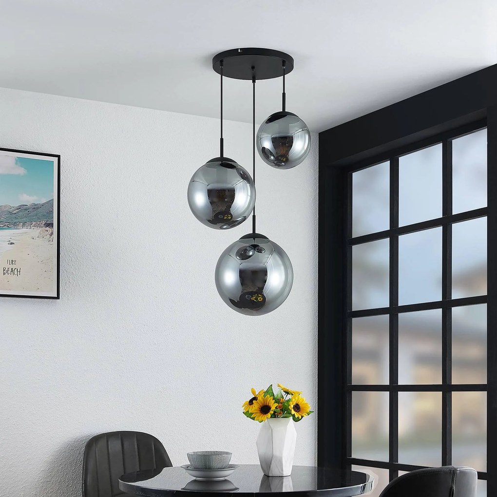 Lampada a sospensione in vetro Teeja Lindby, dimmerabile, Alluminio / Grigio / Zincato, Soggiorno / Sala da pranzo, Vetro, Vintage, Lampada a sospensione