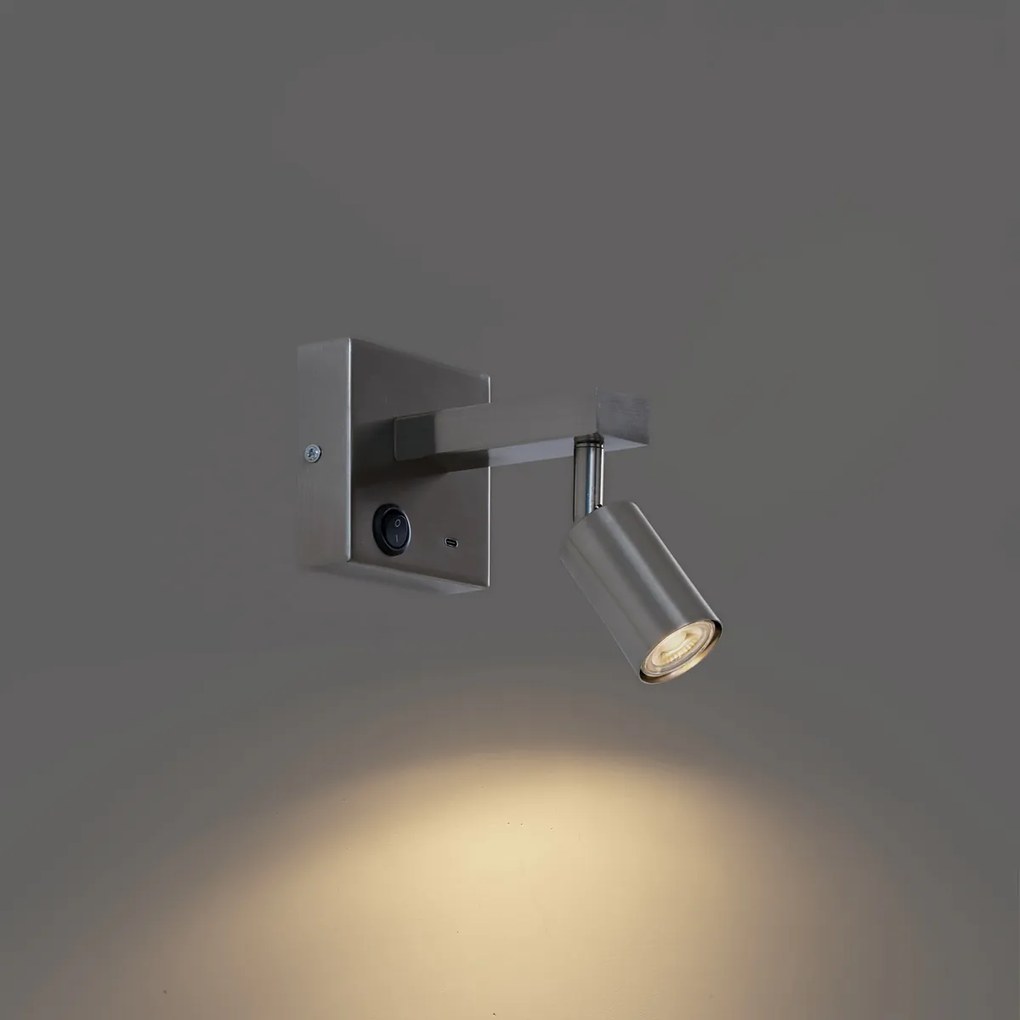 Lampada da parete moderna in acciaio con USB-C inclinabile - Rex