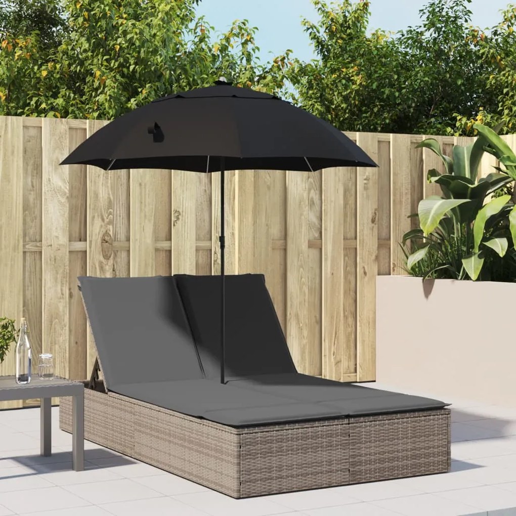 Lettino Prendisole Doppio Cuscini E Parasole Grigio Polyrattan /